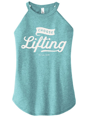 Teal tank top with 'Choose Lifting' text on a white background