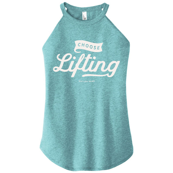 Teal tank top with 'Choose Lifting' text on a white background
