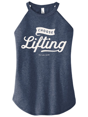 Navy tank top with 'Choose Lifting' text on a white background