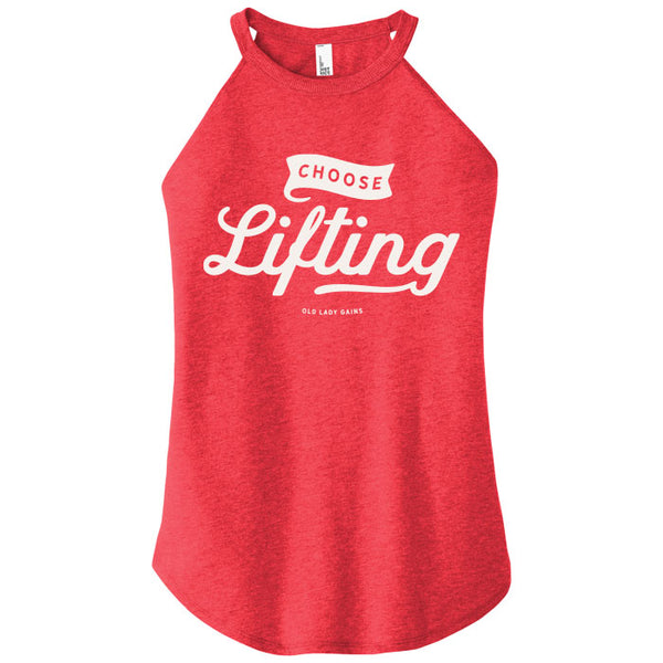 Red tank top with 'Choose Lifting' text on a white background