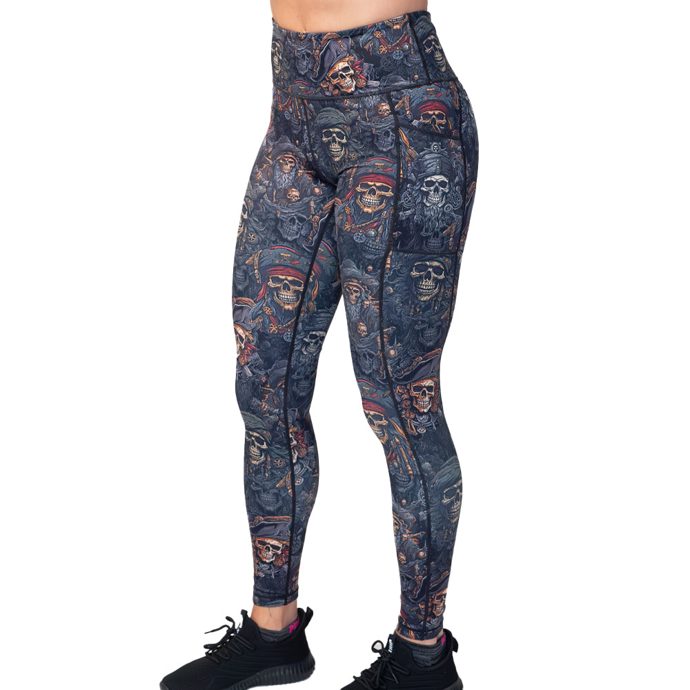 CVG - Pirates Booty Gym Leggings - Women's Workout Sets - High Waist, Pockets - Fun Prints - Running, Yoga, CrossFit - M