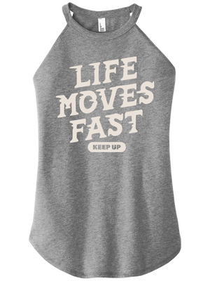 Front view of Life Moves Fast Keep Up triblend t-shirt by Old Lady Gains, heather gray athletic fit.