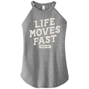 Front view of Life Moves Fast Keep Up triblend t-shirt by Old Lady Gains, heather gray athletic fit.
