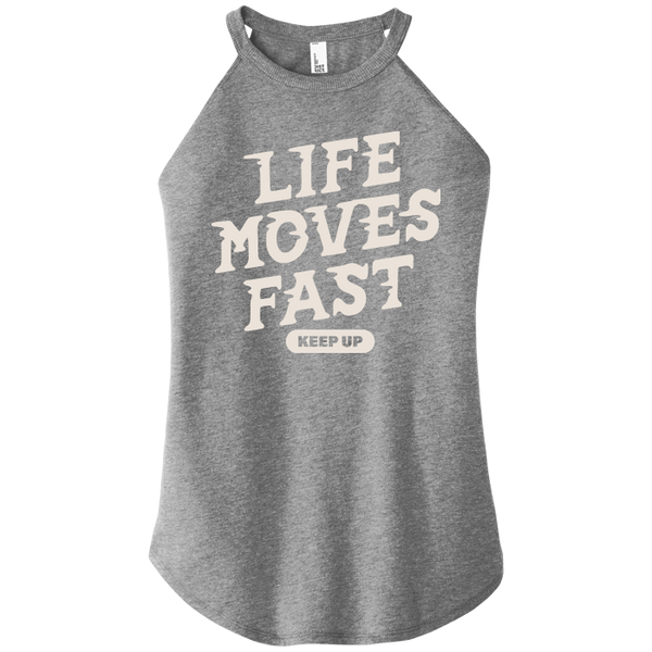 Front view of Life Moves Fast Keep Up triblend t-shirt by Old Lady Gains, heather gray athletic fit.
