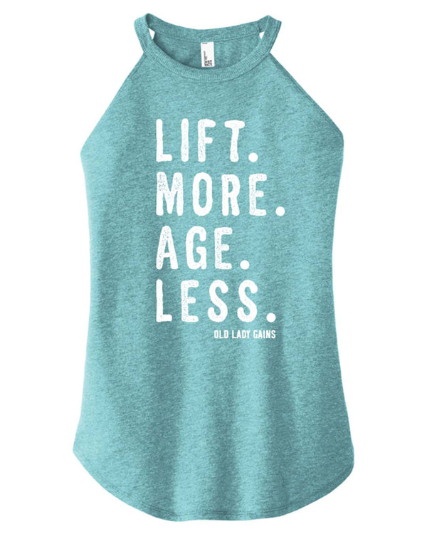 Front view of 'Lift More Age Less' halter tank – empowering activewear for women over 40