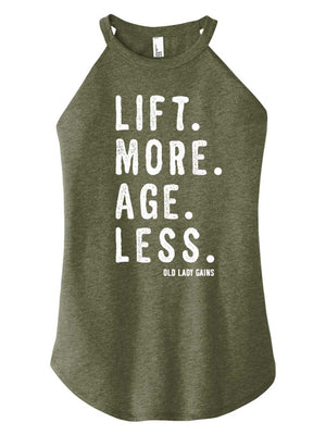 Front view of 'Lift More Age Less' halter tank – empowering activewear for women over 40