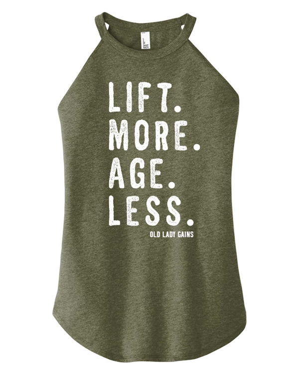 Front view of 'Lift More Age Less' halter tank – empowering activewear for women over 40