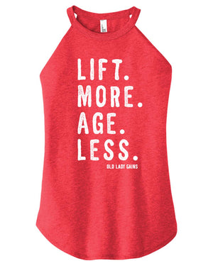 Front view of 'Lift More Age Less' halter tank – empowering activewear for women over 40