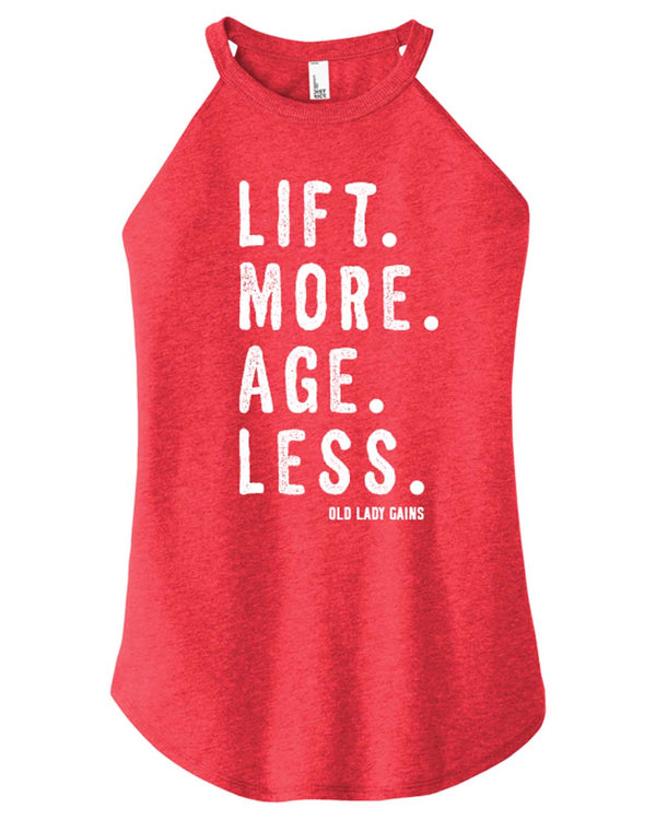 Front view of 'Lift More Age Less' halter tank – empowering activewear for women over 40