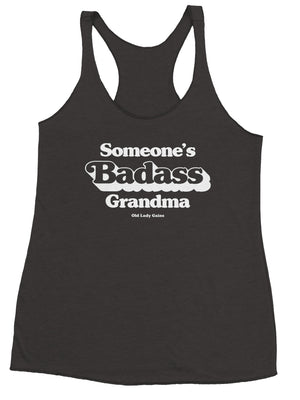 black racerback tank printing in white someone's badass grandma
