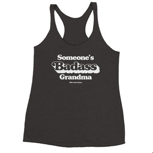 black racerback tank printing in white someone's badass grandma