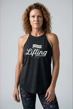 Women over 40 fitness halter tank with “Choose Lifting” slogan black halter workout apparel