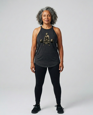 middle aged woman wearing a black tank halter tank top with a graphic design of historic woman harriet tubman deadlifting
