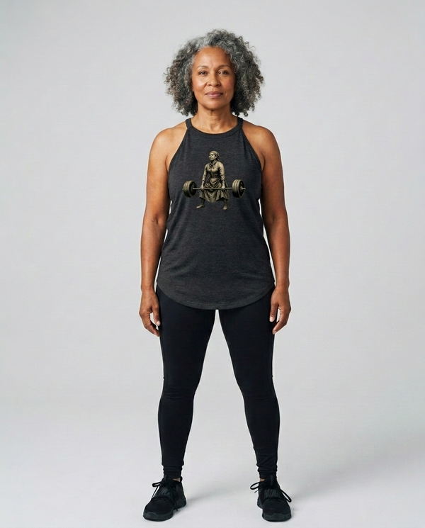 middle aged woman wearing a black tank halter tank top with a graphic design of historic woman harriet tubman deadlifting