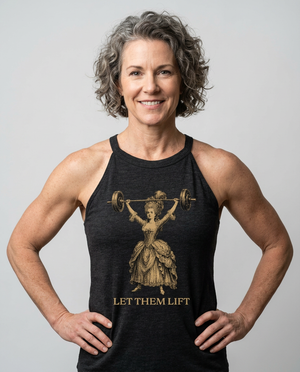 Close-up of the historical marie antoinette weightlifting graphic that says LET THEM LIFT beautifully printed on soft, heathered charcoal tri-blend fabric with a clean, curved hemline.