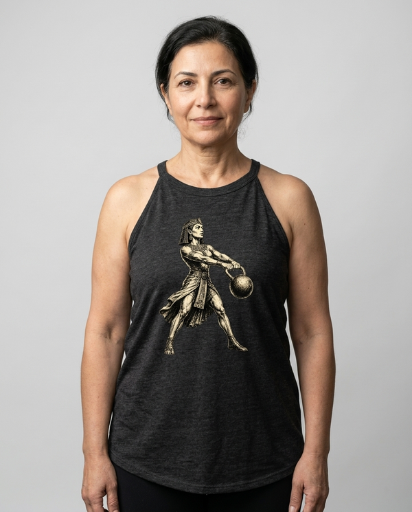 Woman wearing historical Cleopatra weightlifting graphic beautifully printed on soft, heathered charcoal tri-blend fabric with a clean, curved hemline.