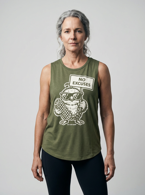 Woman wearing a green tank top with an owl graphic and 'No Excuses' text on a plain background