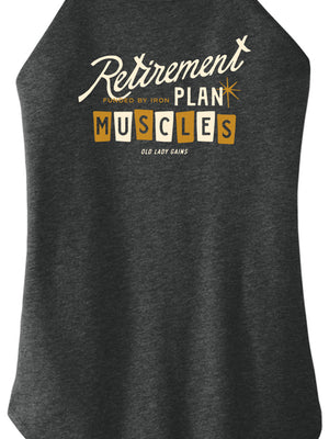 Women over 40 wearing “Retirement Plan: Muscles” fitness tank, strength training for bone density, active aging, weight lifting apparel for strong midlife women.