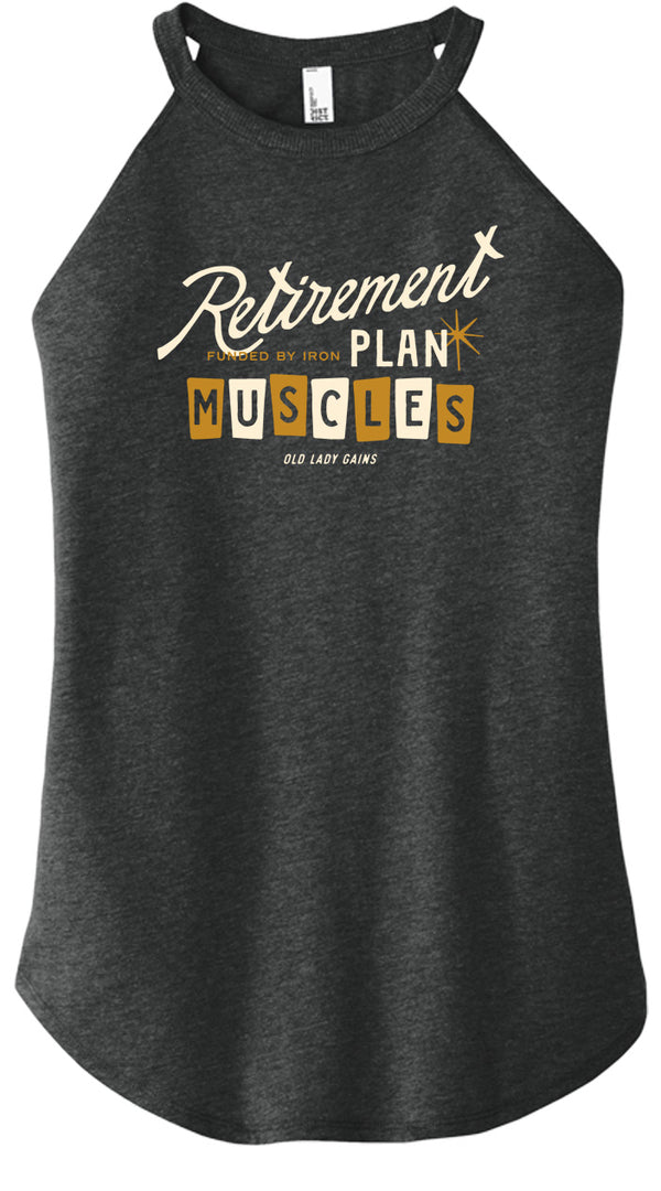 Women over 40 wearing “Retirement Plan: Muscles” fitness tank, strength training for bone density, active aging, weight lifting apparel for strong midlife women.
