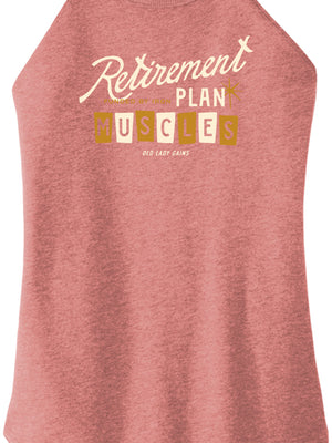 Blush tank top with 'Retirement Plan: Muscles Not Money' text on a white background