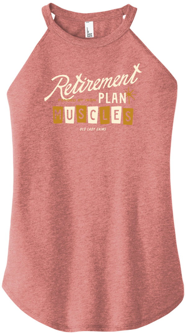 Blush tank top with 'Retirement Plan: Muscles Not Money' text on a white background