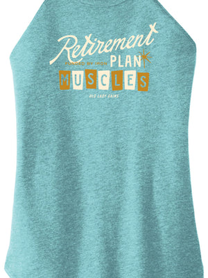 Women over 40 wearing “Retirement Plan: Muscles” fitness tank, strength training for bone density, active aging, weight lifting apparel for strong midlife women.