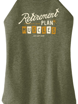 Women over 40 wearing “Retirement Plan: Muscles” fitness tank, strength training for bone density, active aging, weight lifting apparel for strong midlife women.