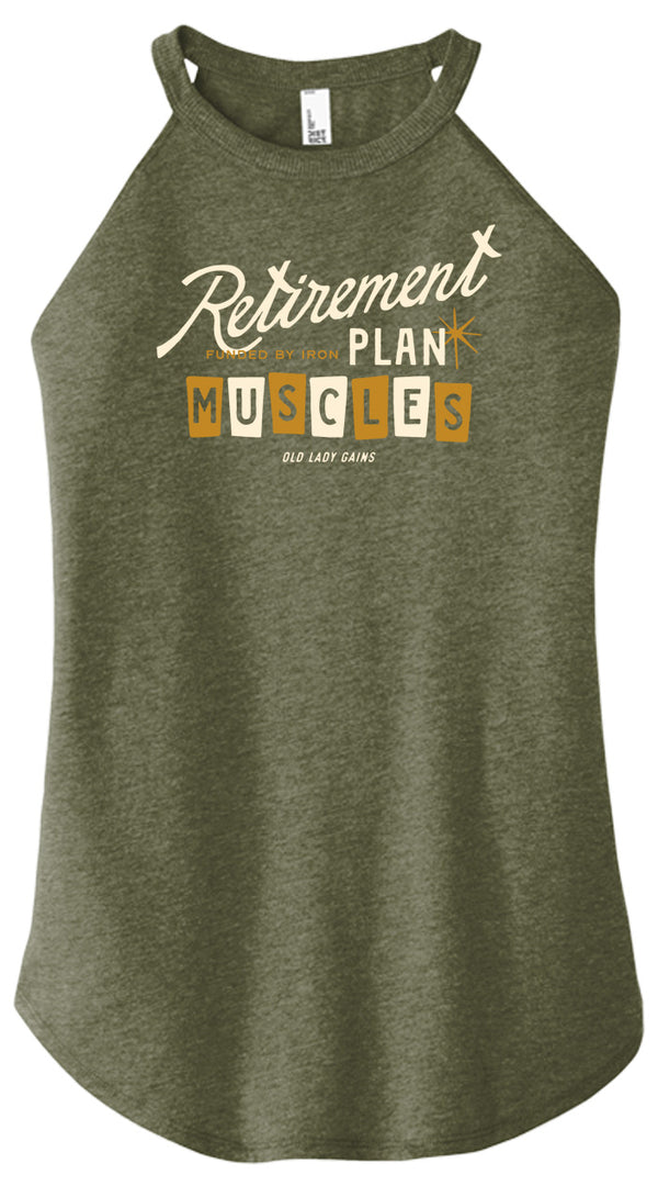 Women over 40 wearing “Retirement Plan: Muscles” fitness tank, strength training for bone density, active aging, weight lifting apparel for strong midlife women.