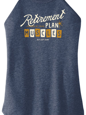 Women over 40 wearing “Retirement Plan: Muscles” fitness tank, strength training for bone density, active aging, weight lifting apparel for strong midlife women.