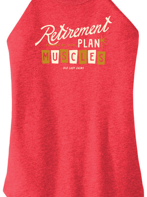 Red tank top with 'Retirement Plan Muscles' text on a white background