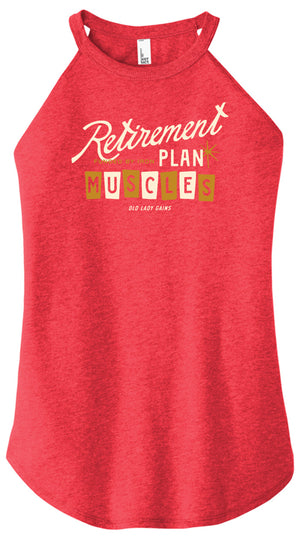 Red tank top with 'Retirement Plan Muscles' text on a white background