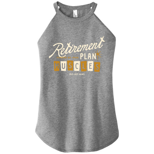Women over 40 wearing “Retirement Plan: Muscles” fitness tank, strength training for bone density, active aging, weight lifting apparel for strong midlife women.