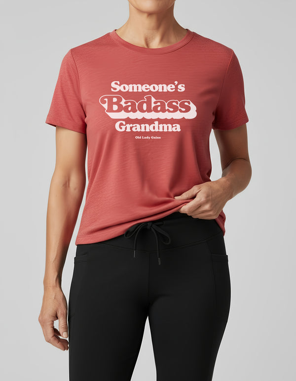 Close-up of bold Someone’s Badass Grandma print on tri-blend fabric.