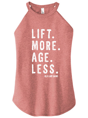 Front view of 'Lift More Age Less' halter tank – empowering activewear for women over 40